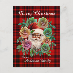 Postal Feliz Navidad Plaid Rojo Floral Santa Claus