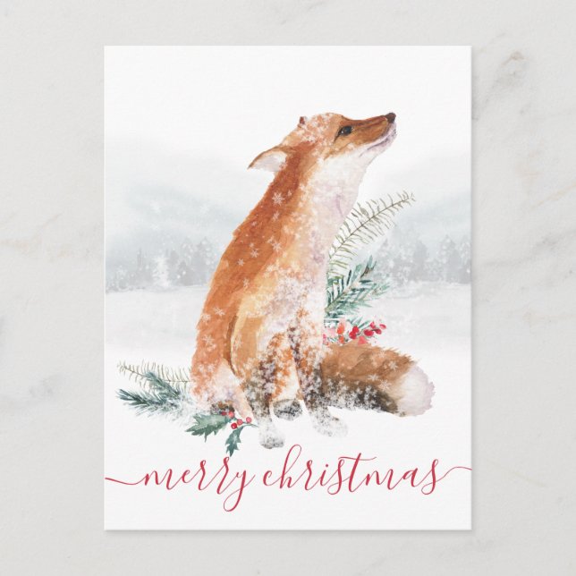 Postal Feliz Navidad Red Fox invierno feriado en Woodland (Anverso)