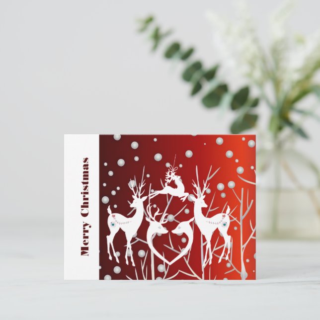 Postal Feliz Navidad Reindeer Blanco Elegante Personaliza (Anverso de pie)