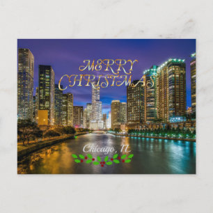 Postal Feliz Navidad, río Chicago al atardecer