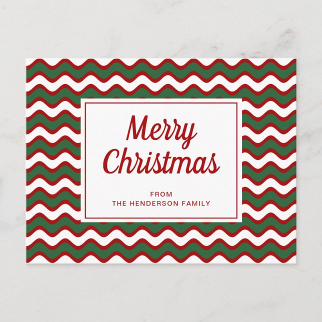 Postal Feliz Navidad Rojo Verde Rayas Blancas Ondas (Anverso)