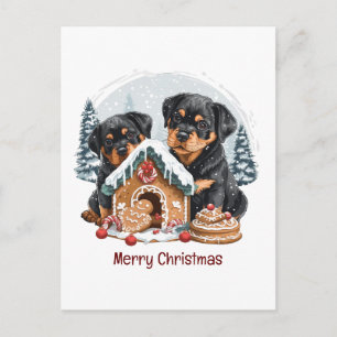 Postal Feliz Navidad Rottweiler Dogs Gingerbread House
