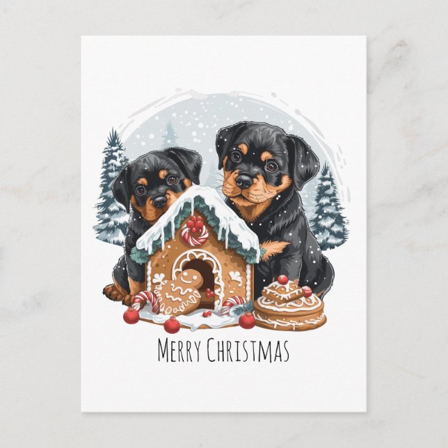 Postal Feliz Navidad Rottweiler Dogs Gingerbread House (Anverso)