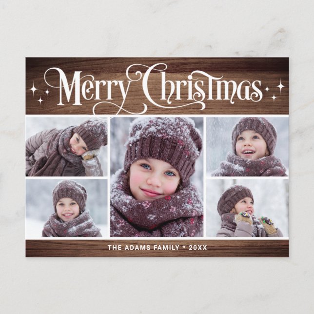Postal Feliz Navidad Rustic 5 Fotos Saludo feriado (Anverso)