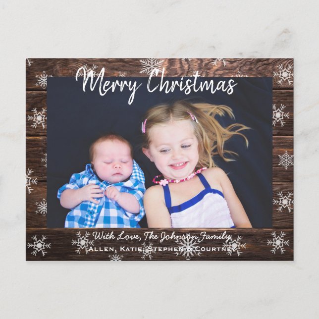 Postal Feliz Navidad Rustic Wood and Snowflakes (Anverso)