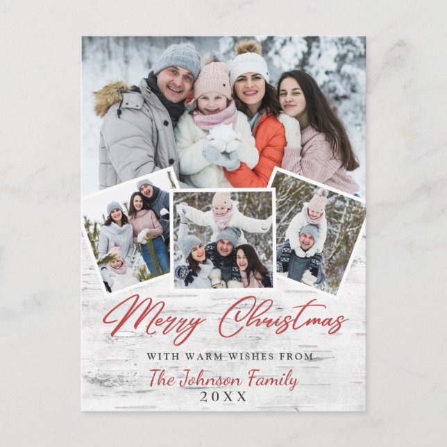 Postal Feliz Navidad Rústico Birch Bark 4 Fotos Saludo (Anverso)