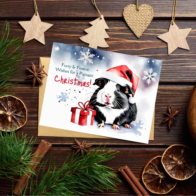 Postal Feliz navidad saludos mascota de conejillo de Indi (Guinea pig Christmas greeting postcard cute watercolor Guinea pig wearing Santa hat with a gift)