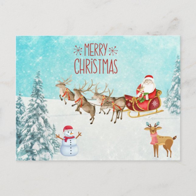 Postal Feliz Navidad Santa, Hombre de nieve, reno, bosque (Anverso)