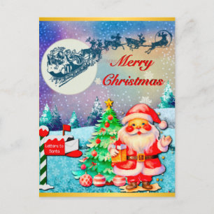 Postal Feliz Navidad Santa, Sleigh, reno, copo de nieve