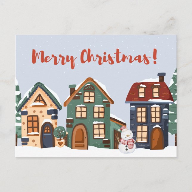 Postal Feliz Navidad Snowman y casas (Anverso)