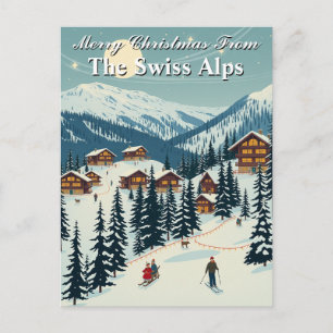 Postal Feliz Navidad Suiza Alpes Pueblo Alpino de Esquí