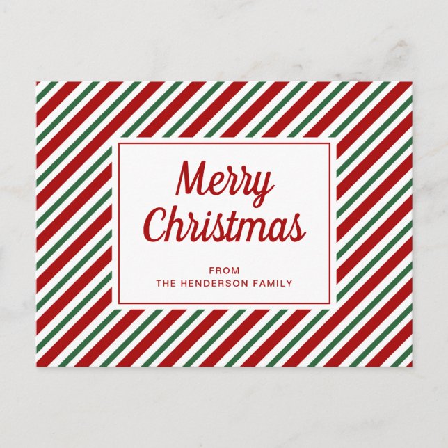 Postal Feliz Navidad Verde Rojo Patrón de rayas blancas (Anverso)