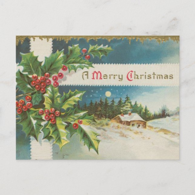 Postal Feliz Navidad victoriana con Holly Berries (Anverso)