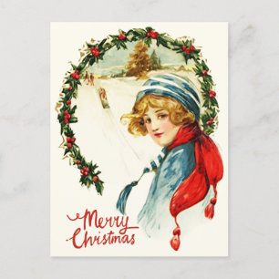 Postal Feliz Navidad Vintage Child, Navidad Wreath