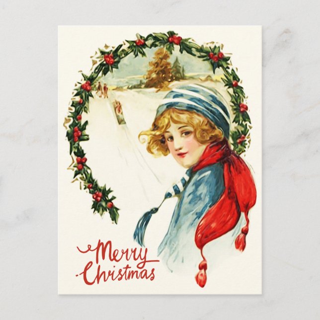 Postal Feliz Navidad Vintage Child, Navidad Wreath (Anverso)