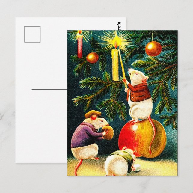 Postal Feliz Navidad. Vintage Funny Mice (Anverso / Reverso)