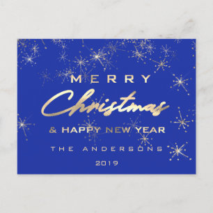 Postal Feliz Navidad y Feliz Año Nuevo Chispa Oro Azul