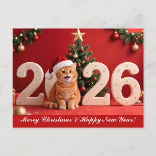 Postal Feliz Navidad y Feliz Año Nuevo, Gato Santa Rojo