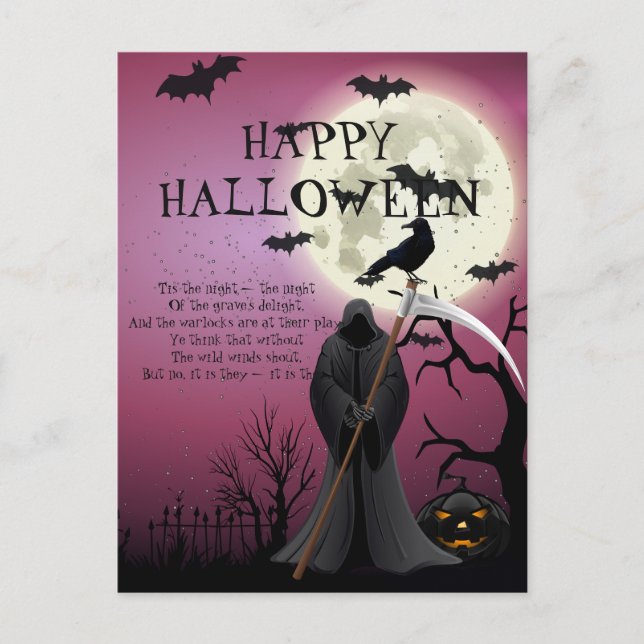 Postal Feliz Noche de Halloween Purple Spooky (Anverso)