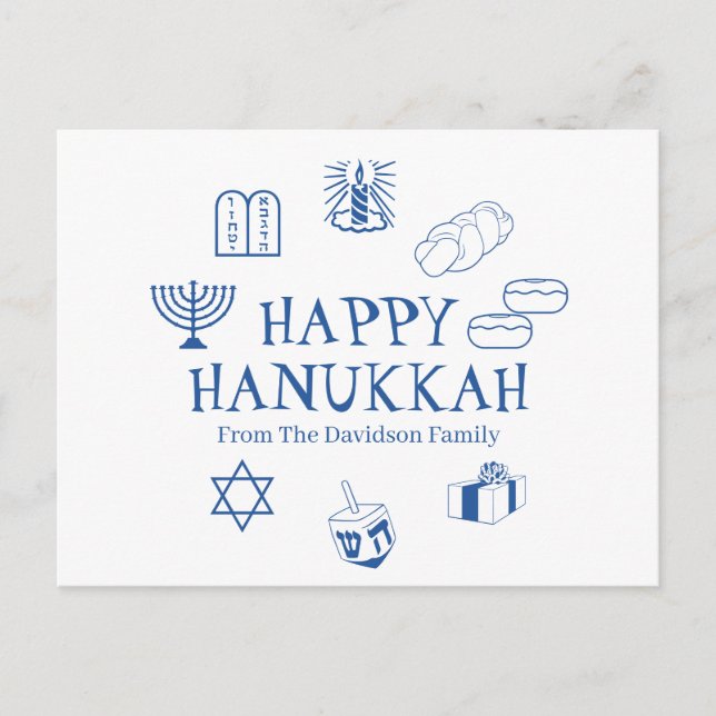 Postal Feliz nombre de familia de Hanukkah azul personali (Anverso)