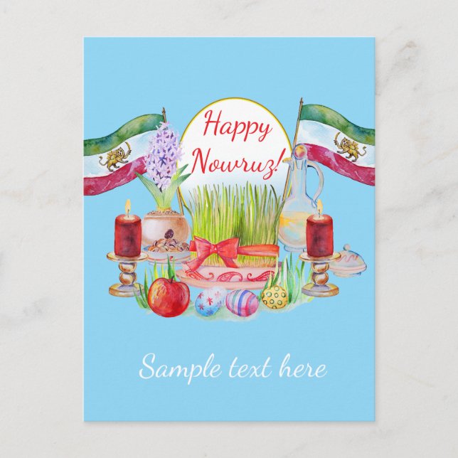 Postal Feliz Norooz Haft Sin con banderas de León y Sol (Anverso)