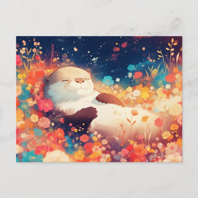 Postal Feliz Nutria Acuarela Floral Prado (Anverso)