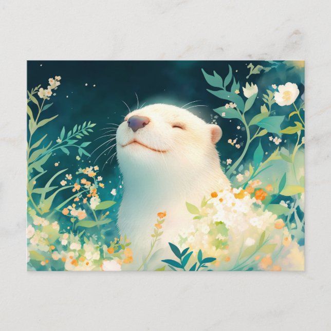 Postal Feliz Nutria Acuarela Floral Prado (Anverso)