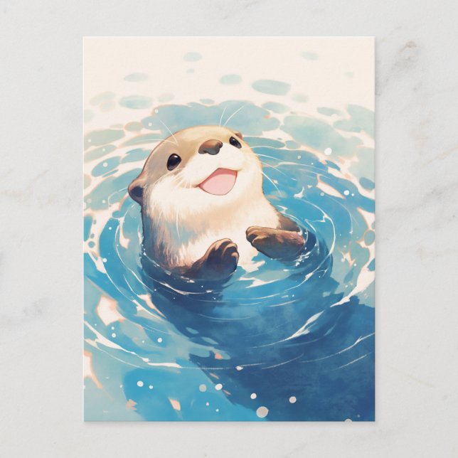 Postal Feliz Nutria de Mar Acuarela Nadando (Anverso)