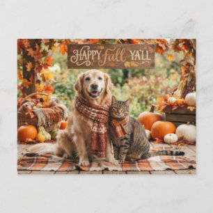 Postal Feliz Otoño a Todos Perro Retriever Dorado y Gato
