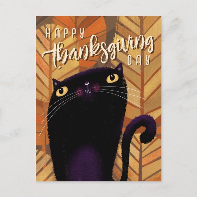 Postal Feliz otoño de un gato negro de Acción de Gracias (Anverso)