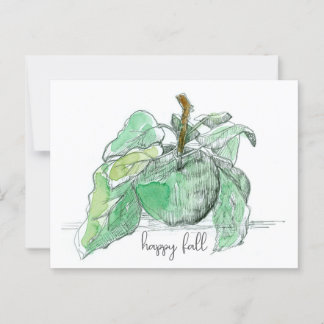 Postal Feliz otoño, fruta verde de manzana deja color de
