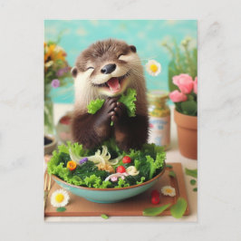 Postal Feliz Otter haciendo una ensalada