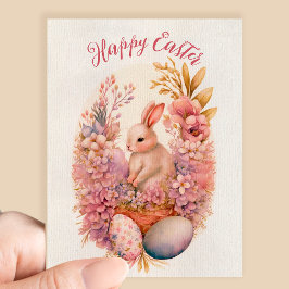 Postal Feliz Pascua acuarela flor huevos de conejo saludo