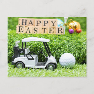 Postal Feliz Pascua con carrito de golf y pelota en green