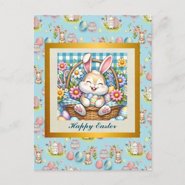 Postal Feliz Pascua con conejo lindo, huevos y floral (Anverso)