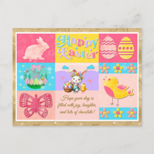 Postal Feliz Pascua con Conejo, Pollo, Huevos y Flores