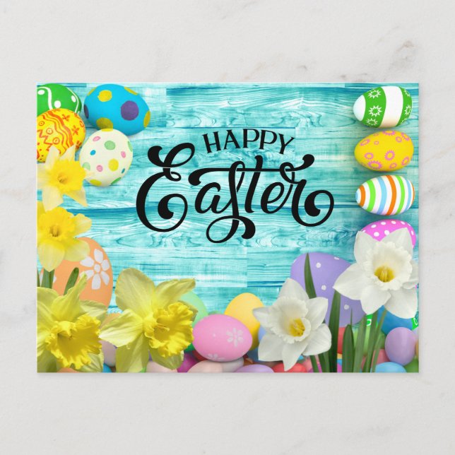 Postal Feliz Pascua con huevo y conejito con flores (Anverso)