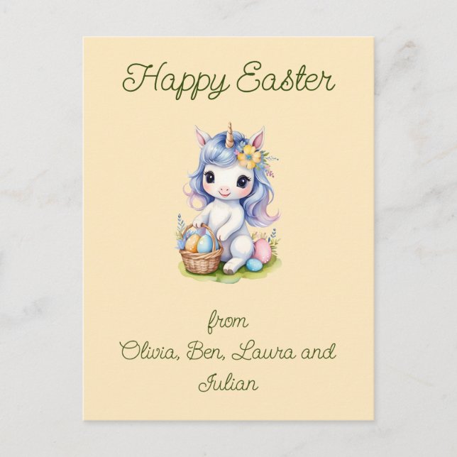 Postal Feliz Pascua con unicornio (Anverso)