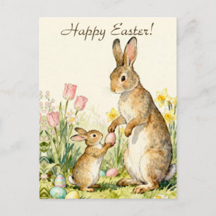 Postal Feliz Pascua conejitos vintage con huevos pintados
