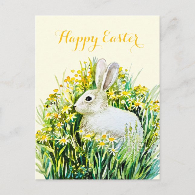 Postal Feliz Pascua conejo blanco acuarela (Anverso)