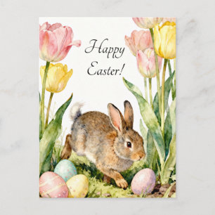 Postal Feliz Pascua Conejo Vintage Huevos y Flores de Pri