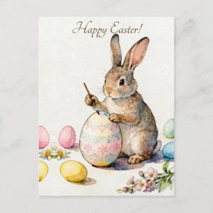 Postal Feliz Pascua Conejo Vintage Pintando un Huevo