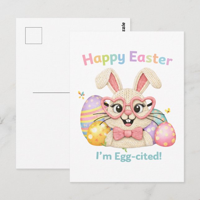 Postal Feliz Pascua Estoy Emocionado Conejo  (Anverso / Reverso)