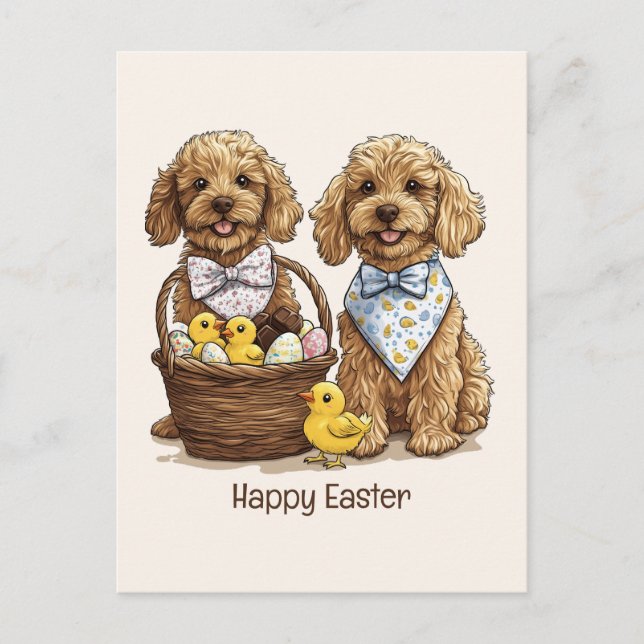 Postal Feliz Pascua Goldendoodle Perro Cesta de Pascua (Anverso)