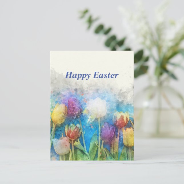 Postal Feliz Pascua hermosos tulipanes (Anverso de pie)