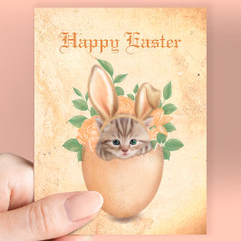 Postal Feliz Pascua lindo conejito Vintage gatito y huevo