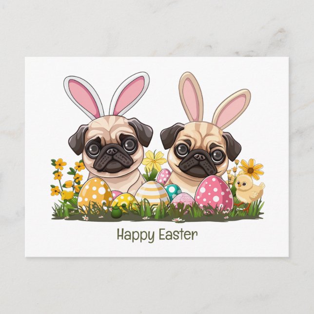 Postal Feliz Pascua, Perro de Pug, Orejas Conejitas (Anverso)