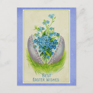 Postal Feliz Pascua Vintage Huevo Floral Azul