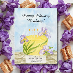 Postal Feliz pastel de cumpleaños de febrero Irises