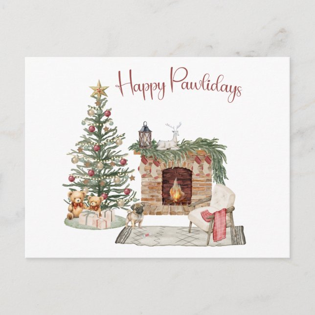 Postal Feliz Pawlidays Diseño de Perro - Pug (Anverso)